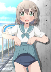  1girl blue_one-piece_swimsuit clothes_lift day dot_nose female_focus green_eyes green_sailor_collar grey_hair hair_ornament hairclip legs lifting_own_clothes looking_at_viewer naruse_mai one-piece_swimsuit open_mouth outdoors sailor_collar school_swimsuit school_uniform serafuku short_hair short_sleeves skirt skirt_lift solo standing swimsuit swimsuit_under_clothes yama_no_susume yukimura_aoi 
