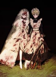  2boys absurdres alternate_costume apron black_sky blonde_hair blood blood_on_clothes blood_on_face blood_on_hands bloody_weapon blue_eyes bridal_veil brown_hair crossdressing crossdressing_(mtf) crown dress enmaided highres holding holding_hands holding_sword holding_weapon kingdom_hearts maid maid_headdress male_focus moomusapi multiple_boys night on_grass outdoors roxas short_hair sky smile sora_(kingdom_hearts) sword veil weapon wedding_dress white_dress yaoi 