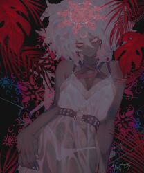  1girl absurdres afro clip_studio_paint_(medium) commentary dark-skinned_female dark_skin earrings english_commentary highres jewelry mole mole_under_eye nxctes original pubic_tattoo red_pupils see-through_clothes solo tattoo tropical white_hair 