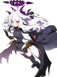  1girl adjusting_clothes adjusting_gloves armband belt black_boots black_gloves black_skirt black_thighhighs blue_archive boots coat coat_on_shoulders commentary_request demon_girl demon_horns demon_wings forehead from_above fur-trimmed_coat fur_trim gloves hair_ribbon half_updo halo hatohane_(tonnkotubird) highres hina_(blue_archive) horns long_hair long_sleeves looking_at_viewer looking_up military_uniform parted_bangs pencil_skirt purple_eyes red_armband ribbon sam_browne_belt side_slit sidelocks simple_background skirt solo thigh_boots thighhighs wavy_hair white_background white_hair wind wings zettai_ryouiki 