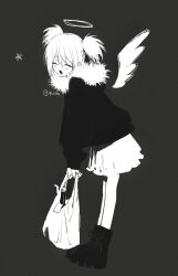  1girl absurdres bag boots bottle closed_mouth detached_wings facing_viewer full_body greyscale halo highres hood hood_down hoodie leaning_forward long_sleeves medium_hair monochrome original plastic_bag platform_boots simple_background skirt smile solo star_(symbol) teyuruun twintails twitter_username wings 