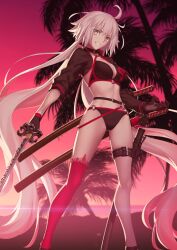  1girl ahoge asymmetrical_sleeves belt belt_buckle bikini black_bikini black_gloves black_jacket blonde_hair breasts buckle cleavage cropped_jacket fate/grand_order fate_(series) feet_out_of_frame gloves gluteal_fold grin hair_between_eyes halterneck hand_up holding holding_sword holding_weapon jacket jeanne_d&#039;arc_alter_(fate) jeanne_d&#039;arc_alter_(swimsuit_berserker)_(fate) katana large_breasts legs_apart long_hair long_sleeves looking_at_viewer o-ring o-ring_belt o-ring_bikini official_art open_clothes open_jacket palm_tree red_sky red_thighhighs sheath sheathed sidelocks single_thighhigh sky smile solo standing swimsuit sword takeuchi_takashi teeth thigh_belt thigh_strap thighhighs third-party_source three-quarter_sleeves tree unsheathed very_long_hair weapon white_hair yellow_eyes 