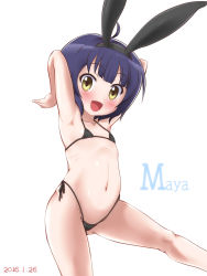 1girl :d ahoge akadama animal_ears armpits arms_behind_head arms_up bikini black_bikini blue_hair blunt_bangs blush cameltoe character_name collarbone covered_erect_nipples dated fake_animal_ears female_focus flat_chest from_side gochuumon_wa_usagi_desu_ka? groin hairband happy head_tilt highleg highleg_bikini highres jouga_maya leg_lift leg_up legs_apart looking_at_viewer micro_bikini open_mouth parted_bangs rabbit_ears ribs short_hair side-tie_bikini_bottom simple_background smile solo standing standing_on_one_leg string_bikini swimsuit white_background yellow_eyes rating:Questionable score:56 user:danbooru
