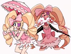  1girl absurdres blonde_hair blood blue_eyes bow closed_eyes colored_eyepatch decapitation dress drill_hair eyepatch frilled_dress frilled_umbrella frilled_wrist_cuffs frills happy harime_nui heart highres holding holding_umbrella kill_la_kill laughing lolita_fashion long_hair open_mouth pink_bow pink_dress pink_wrist_cuffs shadow twin_drills umbrella white_background wrist_cuffs z_zmag8  rating:Sensitive score:1 user:danbooru