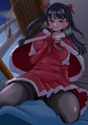  1girl bed black_hair blanket window_blinds blush boku_no_kokoro_no_yabai_yatsu brown_eyes capelet dress elbow_gloves finger_to_mouth from_below gloves grin highres long_hair pantyhose pov red_dress sakurai_norio santa_costume shushing smile straddling tagme two_side_up window yamada_anna  rating:Sensitive score:46 user:GAnonymous