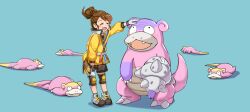  1girl :d brown_hair cchhii3 closed_eyes commentary_request galarian_form galarian_slowbro galarian_slowpoke gen_8_pokemon gloria_(pokemon) gloves hair_bun headpat jacket knee_pads nintendo open_mouth petting pokemon pokemon_(creature) pokemon_swsh sash shoes shorts smile standing tongue yellow_jacket zipper_pull_tab 