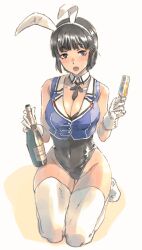  1girl adapted_costume akeome alternate_costume animal_ears black_hair black_leotard black_ribbon blush braid braided_bun breasts brown_eyes champagne_bottle champagne_flute cleavage cup detached_collar drinking_glass fake_animal_ears full_body gloves hair_bun hair_ornament hairclip happy_new_year hashtag-only_commentary highres kantai_collection large_breasts leotard long_hair looking_at_viewer myoukou_(kancolle) myoukou_kai_ni_(kancolle) neck_ribbon new_year playboy_bunny purple_vest rabbit_ears ribbon seiza simple_background single_hair_bun sitting solo suzumaru thick_eyebrows thigh_gap thighhighs vest white_gloves white_thighhighs 
