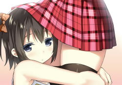 2girls black_hair black_legwear blue_eyes borrowed_character bow colored_eyelashes hair_bow head_under_skirt hug hugging_another&#039;s_leg kurumi_(kantoku) multiple_girls original plaid_clothes plaid_skirt short_hair simple_background skindentation skirt sky-freedom sky_(sky-freedom) thighhighs yuri zettai_ryouiki rating:Questionable score:174 user:danbooru