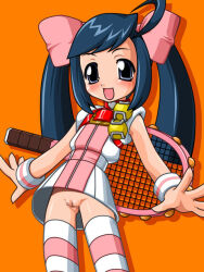  1girl black_eyes black_hair blush capcom censored female_focus justice_gakuen karuizawa_momo loli long_hair no_panties orange_background pussy racket ribbon simple_background solo standing tennis_racket twintails 