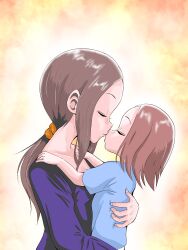 2girls absurdres age_difference brown_hair carrying child closed_eyes commentary_request hair_ornament hair_scrunchie hatomugi_(user_datj4345) highres imminent_kiss karakai_jouzu_no_(moto)_takagi-san karakai_jouzu_no_takagi-san low_ponytail mother_and_daughter multiple_girls nishikata_chii ponytail scrunchie takagi-san rating:General score:103 user:danbooru