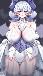  1girl absurdres bare_shoulders blush breasts breath cleavage clothes_lift cowboy_shot demon_girl demon_horns demon_wings dress dress_lift drill_hair duel_monster earrings grey_background grey_eyes grey_hair highres horns huge_breasts jewelry lovely_labrynth_of_the_silver_castle majinmallow pointy_ears simple_background solo strapless strapless_dress transparent_wings twin_drills white_dress white_wings wings yu-gi-oh! 