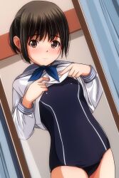  1girl absurdres black_hair black_one-piece_swimsuit blue_neckerchief breasts brown_eyes cowboy_shot dutch_angle fitting_room grey_sailor_collar highres matsunaga_kouyou neckerchief one-piece_swimsuit original ponytail sailor_collar sailor_shirt school_swimsuit school_uniform serafuku shirt short_hair small_breasts solo swimsuit swimsuit_under_clothes white_shirt  rating:Sensitive score:16 user:danbooru