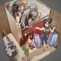  ! !? 2boys 2girls :o ? aerith_gainsborough against_wall alternate_costume alternate_hairstyle angry arched_back arm_up armor asymmetrical_bangs bag black_coat black_gloves black_hair black_shirt blonde_hair blue_pants blue_shoes blush bracer brown_corset changing_room clothes_hanger clothes_lift cloud_strife coat corset crossdressing crossdressing_(mtf) curtains day denim dress dress_lift final_fantasy final_fantasy_vii final_fantasy_vii_remake foreshortening from_above gloves green_skirt grey_hair hair_bun hand_on_another&#039;s_thigh handbag high_heels holding holding_clothes_hanger holding_unworn_clothes holding_unworn_skirt indoors isometric jeans leaning_forward long_coat long_hair long_sleeves looking_back mirror multiple_boys multiple_girls open_mouth pants pauldrons pink_dress puffy_short_sleeves puffy_sleeves purple_dress red_bag red_eyes red_shoes ryouto see-through_clothes sephiroth shirt shoes short_sleeves shoulder_armor skirt sleeveless sleeveless_shirt struggling sweat tifa_lockhart unworn_skirt very_long_hair yaoi yellow_bag 
