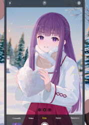  1girl 1other blunt_bangs blush breasts cellphone commentary english_commentary fern_(sousou_no_frieren) heart highres holding holding_heart indonesian_text jacket long_hair long_sleeves outdoors phone pine_tree purple_eyes purple_hair red_skirt risdandr skirt smartphone snow snowing solo_focus sousou_no_frieren standing translation_request tree white_jacket winter 