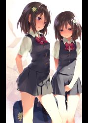 2girls absurdres bad_id bad_twitter_id bag blush bow bowtie breasts brown_hair charm_(object) clothed_after_sex covering_crotch covering_privates cum cum_in_clothes cum_on_body cum_on_legs cum_string cumdrip flower gayarou hair_flower hair_ornament highres looking_down multiple_girls original paper parted_lips pleated_skirt purple_eyes school_bag school_uniform short_hair short_sleeves shoulder_bag siblings skirt small_breasts standing sweat twins vest rating:Explicit score:377 user:danbooru