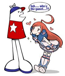  1boy 1girl ahoge dress english_text gloves heart highres homestar_runner homestar_runner_(character) joints long_hair negiwave2000 outfit_connection red_eyes red_hair robot_joints sf-a2_miki smile socks sparkle speech_bubble strapless strapless_dress striped_clothes striped_gloves striped_socks tube_dress vocaloid white_background white_dress wrist_cuffs 
