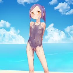 1girl arms_behind_back beach blush bodypaint cleft_of_venus cloud cloudy_sky day female_focus flat_chest highres horizon loli looking_at_viewer naked_paint navel nipples nude ocean orange_eyes original outdoors painted_clothes ponytail purple_eyes pussy sky smile solo sweat water yamada_(gotyui) rating:Explicit score:339 user:ponekad