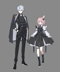  1boy 1girl absurdres alternate_costume asymmetrical_wings black_boots black_choker black_coat black_dress black_pants black_shirt black_wings blue_eyes boots choker coat cyrene_(honkai:_star_rail) dress dress_tug full_body grey_background hair_ornament hand_in_pocket highres honkai:_star_rail honkai_(series) mismatched_wings pants papajay_(jennygin2) phainon_(honkai:_star_rail) pink_hair shirt simple_background smile white_shirt white_wings wings 