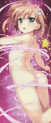 1girl :o absurdres arm_up armpits ass back blush brown_hair butt_crack convenient_censoring feet_out_of_frame female_focus flat_chest foreshortening from_behind fujima_takuya green_eyes hair_ornament hairclip henshin highres huge_filesize light_particles looking_at_viewer looking_back lyrical_nanoha magical_girl mahou_shoujo_lyrical_nanoha_vivid messy_hair miura_rinaldi navel nude official_art open_mouth outstretched_arm scan shiny_skin short_hair solo standing star_(symbol) tareme thighs transformation rating:Questionable score:35 user:danbooru