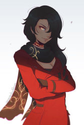 1girl artist_name ashes black_gloves black_hair black_scarf blurry breasts choker cinder_fall cleavage closed_mouth crossed_arms depth_of_field dress earrings female_focus flipped_hair gloves grey_background hair_over_one_eye jewelry koyorin long_hair long_sleeves looking_at_viewer pink_lips rwby scarf shade smile solo upper_body watermark web_address yellow_eyes rating:Sensitive score:69 user:danbooru