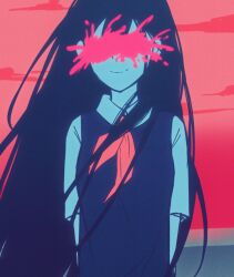  1girl alternate_color alternate_hair_color bailan1130 black_hair black_sweater_vest censored censored_identity closed_mouth collared_shirt colored_skin double-parted_bangs highres long_hair looking_at_viewer mari_(headspace)_(omori) mari_(omori) neckerchief omori red_neckerchief shirt short_sleeves smile solo sweater_vest upper_body white_shirt white_skin 