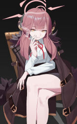  1girl absurdres ahoge aru_(blue_archive) bare_legs between_fingers black_background black_skirt blue_archive brown_coat chair chinese_commentary cigarette closed_mouth coat coat_on_shoulders collared_shirt commentary crossed_legs demon_horns fanshuimucishen feet_out_of_frame fur-trimmed_coat fur_trim hair_over_shoulder halo highres holding holding_cigarette horns long_hair long_sleeves looking_at_viewer making-of_available miniskirt neck_ribbon on_chair open_clothes open_coat pink_hair pink_halo red_ribbon ribbon shirt sidelocks sitting skirt smile smoke smoke_trail solo split_mouth white_shirt yellow_eyes 