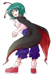 1girl alphes_(style) antennae back black_cape blue_shorts buttons cape commentary_request dairi full_body green_eyes green_hair imperishable_night juliet_sleeves large_variant_set loafers long_sleeves open_mouth parody puffy_sleeves red_cape red_shoes shirt shirt_tucked_in shoes short_hair shorts socks solo style_parody tachi-e touhou transparent_background two-sided_cape two-sided_fabric variant_set white_shirt white_socks wriggle_nightbug 