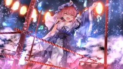  1girl arm_up blue_kimono blush closed_eyes commentary_request frilled_kimono frills furomaaju_(fromage) hat highres holding holding_microphone japanese_clothes kimono long_sleeves microphone mob_cap music musical_note open_mouth pink_eyes pink_hair saigyouji_yuyuko singing sleeve_garter smile solo touhou triangular_headpiece wide_sleeves 