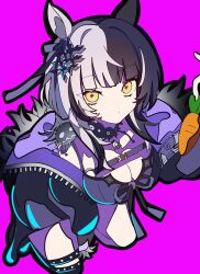  1girl animal_ears black_choker black_coat black_dress black_hair black_ribbon breasts carrot choker coat dress fur-trimmed_coat fur_trim grey_hair hair_ribbon highres holding holding_carrot hololive hololive_english horse_ears horse_girl kikkasoon large_breasts long_hair looking_at_viewer multicolored_hair purple_coat ribbon shiori_novella shiori_novella_(1st_costume) solo split-color_hair two-sided_coat two-sided_fabric two-tone_hair virtual_youtuber yellow_eyes yorick_(shiori_novella) 