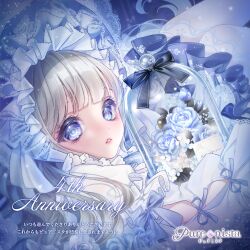  1girl anniversary blonde_hair blue_eyes blue_flower blue_theme blunt_bangs commentary_request eyelashes flower headdress highres lips logo looking_at_viewer official_art purenista solo translation_request vignetting white_flower 