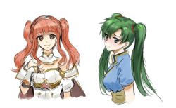  2girls armor athenawyrm blush cape celica_(fire_emblem) fire_emblem fire_emblem:_the_blazing_blade fire_emblem_echoes:_shadows_of_valentia fire_emblem_heroes green_eyes green_hair hairband high_ponytail long_hair looking_at_viewer lyn_(fire_emblem) multiple_girls nintendo ponytail red_eyes red_hair smile tiara twintails  rating:Sensitive score:11 user:danbooru