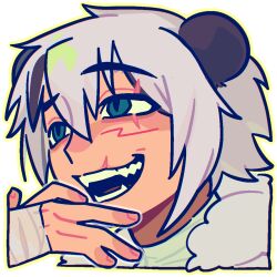  animal_ears anime_coloring bear_ears cartoonized green_eyes jewelry open_mouth portrait procreate_(medium) scar sharp_teeth simple_background smile sticker tattoo teeth thick_eyebrows toon_(style) white_background white_hair 