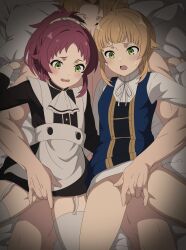  1boy 2girls absurdres aisha_greyrat black_dress blonde_hair blue_dress censored dress eufoniuz fingering garter_straps green_eyes half-siblings hetero highres incest long_sleeves maid mosaic_censoring multiple_girls mushoku_tensei norn_greyrat open_mouth pinafore_dress ponytail red_hair rudeus_greyrat shimaidon_(sex) shirt short_hair siblings sisters sleeveless sleeveless_dress thighhighs white_shirt white_thighhighs 