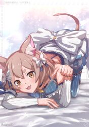  1boy animal_ears blue_choker blue_ribbon blush bow brown_eyes brown_hair cat_ears choker detached_sleeves eyelashes fang felix_argyle highres maid male_focus medium_hair puchikun re:zero_kara_hajimeru_isekai_seikatsu ribbon simple_background tail trap white_background white_bow  rating:General score:20 user:danbooru