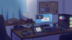  absurdres bulletin_board bunmyan cat chair commentary_request computer computer_keyboard computer_mouse computer_tower desktop_(computing) discord drawing_tablet glowing google grey_cat headphones highres indoors microsoft_windows mousepad_(object) no_humans original plant potted_plant scenery sleeping sleeping_animal toy unworn_headphones windows_10 