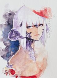  age_iro au_ra blue_horns dress final_fantasy final_fantasy_xiv hat horns painting_(medium) red_dress red_hat traditional_media watercolor_(medium) 
