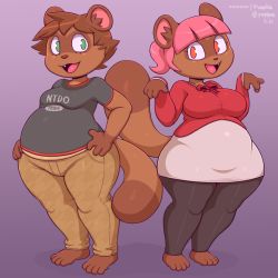  1boy 1girl animal_crossing animal_ears barefoot belly bow bowtie breasts brown_hair curvy domino_mask eyelashes frumples furrification furry gradient_background green_eyes hands_on_own_hips happy large_breasts looking_at_another mask nintendo open_mouth pants paw_pose pink_eyes pink_hair plump ponytail purple_background raccoon_ears raccoon_tail shirt skirt smile standing tail thick_thighs thighs villager_(animal_crossing) wide_hips  rating:General score:13 user:ComboBreaking