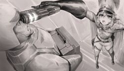 1boy 1girl absurdres aiming armor astra_militarum belt boots box cape commissar cyberpunk_(series) cyberpunk_edgerunners gloves greyscale gun hair_between_eyes handgun hat helmet highres holding holding_box holding_gun holding_weapon imperium_of_man looking_at_another medal military_hat military_uniform monochrome nick_xinderz open_mouth scene_reference science_fiction shoulder_armor sidelocks size_difference skull thigh_boots warhammer_40k weapon rating:General score:24 user:danbooru