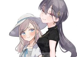  &gt;:) 2girls absurdres black_sweater blue_eyes blush breasts c: ceras_yanagida_lilienfeld ceras_yanagida_lilienfeld_(summer_casual) cleavage_cutout closed_mouth clothing_cutout collarbone commentary dress earrings edel_note grey_hair grey_skirt hair_between_eyes hair_ornament hat height_difference highres jacket jewelry katsuragi_izumi katsuragi_izumi_(summer_casual) link!_like!_love_live! long_hair looking_at_another looking_at_viewer love_live! medium_breasts multiple_girls necklace open_clothes open_jacket pink_eyes rere_88rere ribbed_sweater short-sleeved_sweater short_sleeves sidelocks skirt smile split_mouth sun_hat sweater triangle_earrings triangle_hair_ornament upper_body v-shaped_eyebrows virtual_youtuber white_dress white_hat white_jacket wolf_cut 