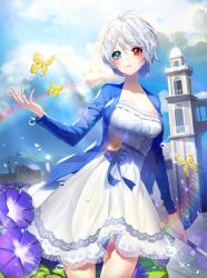  1girl ahoge animal blue_bow blue_eyes blush bow breasts bug building butterfly cleavage cloud cloudy_sky collar day diffraction_spikes dress eyelashes flower glint grey_hair hair_between_eyes hair_ears heterochromia holding holding_umbrella insect iri_flina light_particles light_rays mountain outdoors parted_lips purple_flower rainbow red_eyes sai4898 see-through_clothes short_hair sky sword_girls transparent transparent_umbrella umbrella water_drop white_dress yellow_butterfly 