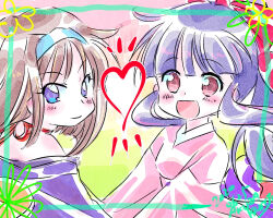  2girls bow breasts brown_hair hair_ribbon hairband heart holding_hands japanese_clothes kanzaki_sumire looking_at_viewer medium_breasts multiple_girls open_mouth pink_eyes ponytail purple_eyes purple_hair red_bow ribbon sakura_taisen sega shinguuji_sakura short_hair tongue traditional_media 