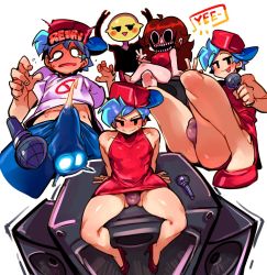  1boy 1girl 1other bare_legs bare_shoulders baseball_cap blue_hair blush boyfriend_(friday_night_funkin&#039;) bulge cosplay costume_switch crossdressing cum cum_in_clothes cum_through_clothes doppel_(bonnypir) dress english_text erection face_swap friday_night_funkin&#039; girlfriend_(friday_night_funkin&#039;) glowing hat high_heels highres holding holding_microphone lemon_demon_(friday_night_funkin&#039;) male_focus microphone multiple_boys music newgrounds no_symbol open_mouth red_dress short_hair singing sitting smile speaker sweatdrop teeth v what  rating:Explicit score:149 user:BlueBaroness