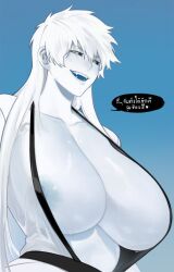  1girl areola_slip black_eyes bleach blush breasts colored_skin fangs genderswap genderswap_(mtf) highres hollow_ichigo huge_breasts japanese_clothes kimono kurosaki_ichigo long_hair nipple_slip nipples nose_blush open_mouth smile speech_bubble sweat translation_request white_hair white_skin zangetsu_(bleach) ze_(k4onozeda04)  rating:Sensitive score:84 user:Miyuki_Lust