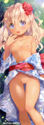  1girl absurdres artist_name blue_eyes breasts collarbone cropped female_focus flower gluteal_fold hair_flower hair_ornament hand_to_own_mouth highres japanese_clothes kimono light_brown_hair loli lying mutou_mato naked_kimono nipples obi off_shoulder on_back open_clothes open_kimono original outdoors pussy sash scan shiny_skin small_breasts solo tan uncensored yukata  rating:Explicit score:85 user:danbooru