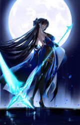  1girl absurdres backless_outfit bare_shoulders black_boots black_hair blue_kimono boots breasts commentary commission english_commentary floral_print from_side full_body full_moon glowing glowing_eyes gold_trim highres holding holding_scythe japanese_clothes kimono large_breasts long_hair looking_at_viewer moon multicolored_hair original pixiv_commission satsukitou scythe solo thigh_boots two-tone_hair very_long_hair white_hair yellow_eyes 