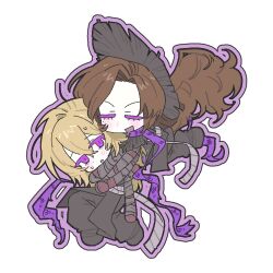  2girls :d bandaged_arm bandages black_pants blonde_hair brown_hair chibi colored_eyelashes conical_hat forked_tongue full_body grey_sash heishou_pack-si_branch_(identity)_(project_moon) hug limbus_company long_arms long_hair looking_at_another multiple_girls open_mouth original pants project_moon purple_eyes purple_scarf rodion_(project_moon) scarf simple_background smile ssup_ddi standing tongue very_long_hair white_background 