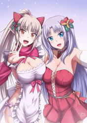  2girls aldra_(queen&#039;s_blade) annelotte_(queen&#039;s_blade) apron arm_up blonde_hair blue_eyes bow breasts christmas commentary_request frilled_apron frills hair_ornament high_ponytail highres kkkowy0913 knight_princess_annelotte large_breasts long_hair long_pointy_ears looking_at_viewer multiple_girls pointy_ears ponytail purple_hair queen&#039;s_blade queen&#039;s_blade_rebellion red_eyes siblings sisters smile standing summoner_aldra v 