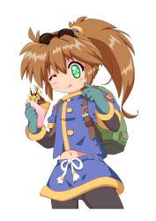  1girl absurdres brown_hair closed_mouth eyewear_on_head food food_on_face gloves green_eyes highres long_hair looking_at_viewer navel one_eye_closed panties panties_under_pantyhose pantyhose ponytail precis_neumann simple_background skirt smile solo star_ocean star_ocean_the_second_story underwear white_background zipang_(zip@ng_works) 