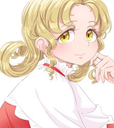  1girl blonde_hair closed_mouth collar curly_hair dress drill_hair drill_sidelocks elly_(touhou) frilled_collar frills from_side hand_on_own_face high_collar highres looking_at_viewer no_headwear parted_bangs portrait red_dress s-a-murai sidelocks smile solo touhou touhou_(pc-98) white_background white_collar yellow_eyes 