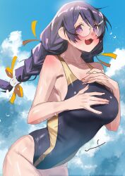  1girl :3 black_hair black_one-piece_swimsuit braid breasts competition_swimsuit glasses hands_on_own_chest hanekawa_tsubasa highres katagiri_yuuhi_(paulowniayuuhi) long_hair monogatari_(series) multicolored_swimsuit one-piece_swimsuit purple_eyes swimsuit twin_braids 